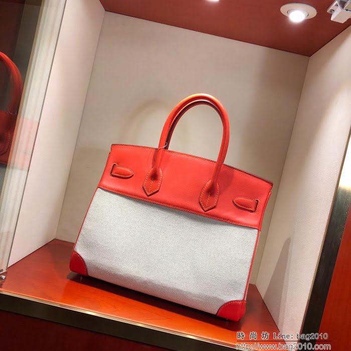 HERMES愛馬仕 鉑金包 Birkin30Cm Swift拼帆布 9J Feu 火焰橙 銀扣 頂級工藝 手縫蠟線 無敵限量版 古董包  Ama1604